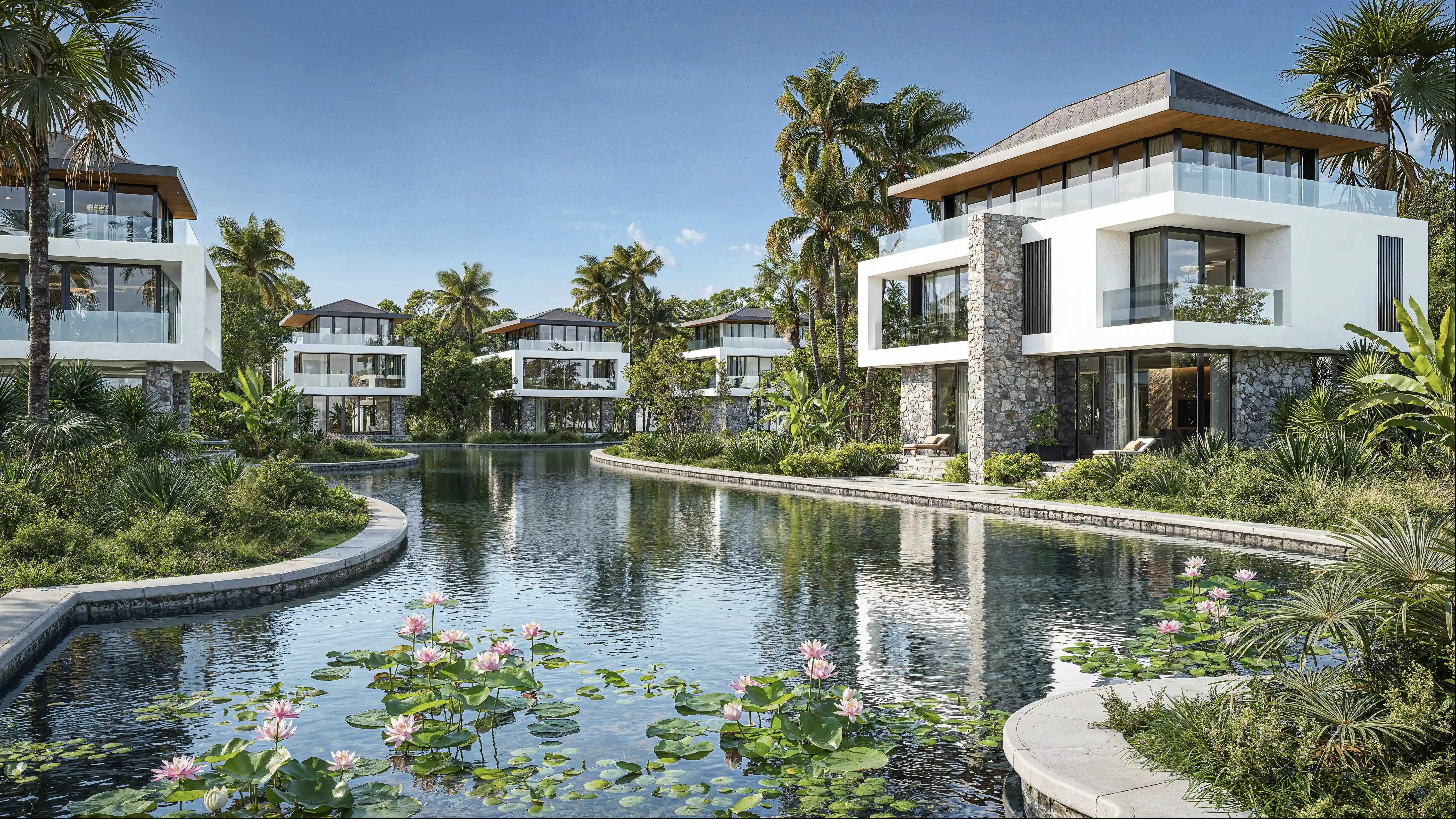 Villa exterior rendering — waterfront at dusk